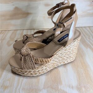 Nine West Beige Braided Rope Wedge Sandals with Ankle Strap